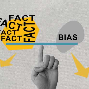 Collage with hand like scales and inscriptions fact and bias.